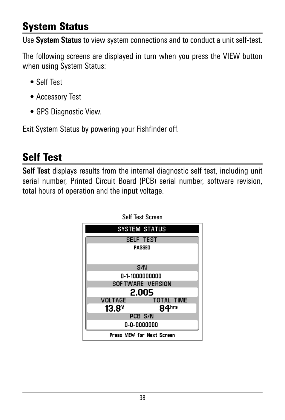 System status, Self test | Humminbird 500 SERIES 580 User Manual | Page 45 / 134