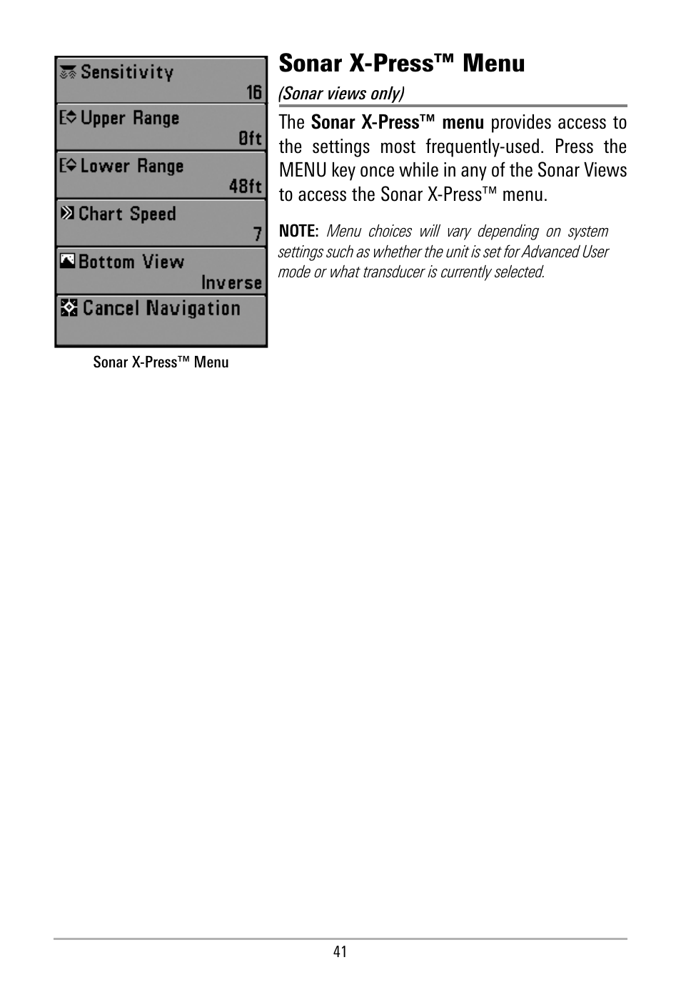 Sonar x-press™ menu | Humminbird 500 SERIES 580 User Manual | Page 48 / 134