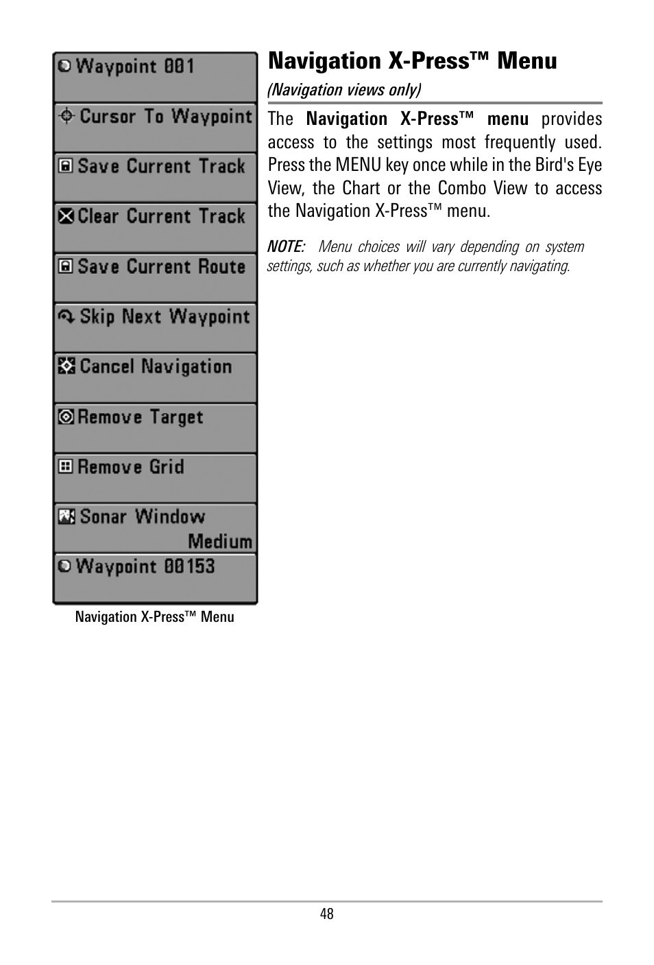 Navigation x-press™ menu | Humminbird 500 SERIES 580 User Manual | Page 55 / 134