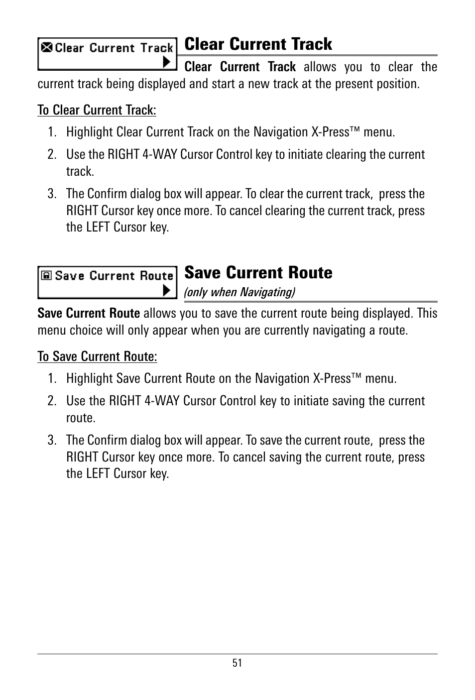 Clear current track, Save current route | Humminbird 500 SERIES 580 User Manual | Page 58 / 134