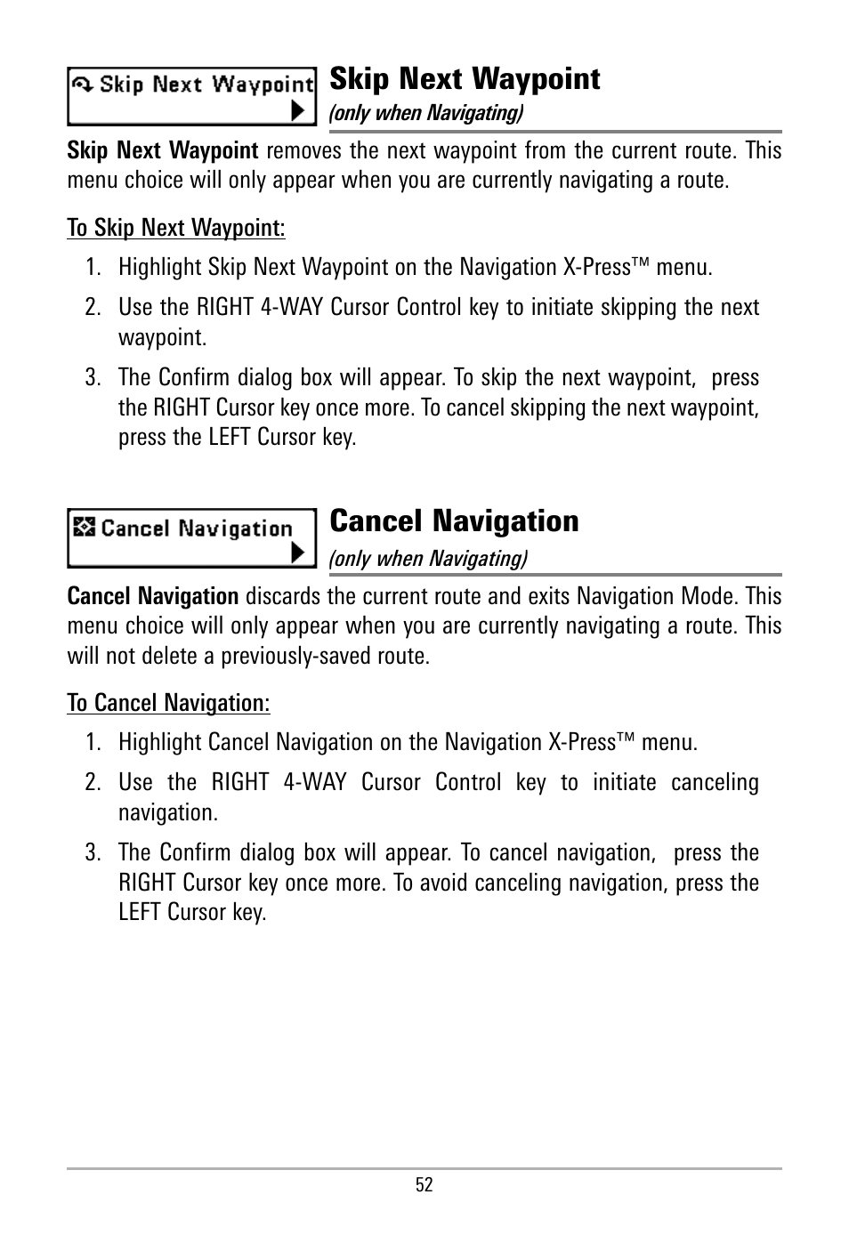 Skip next waypoint, Cancel navigation | Humminbird 500 SERIES 580 User Manual | Page 59 / 134