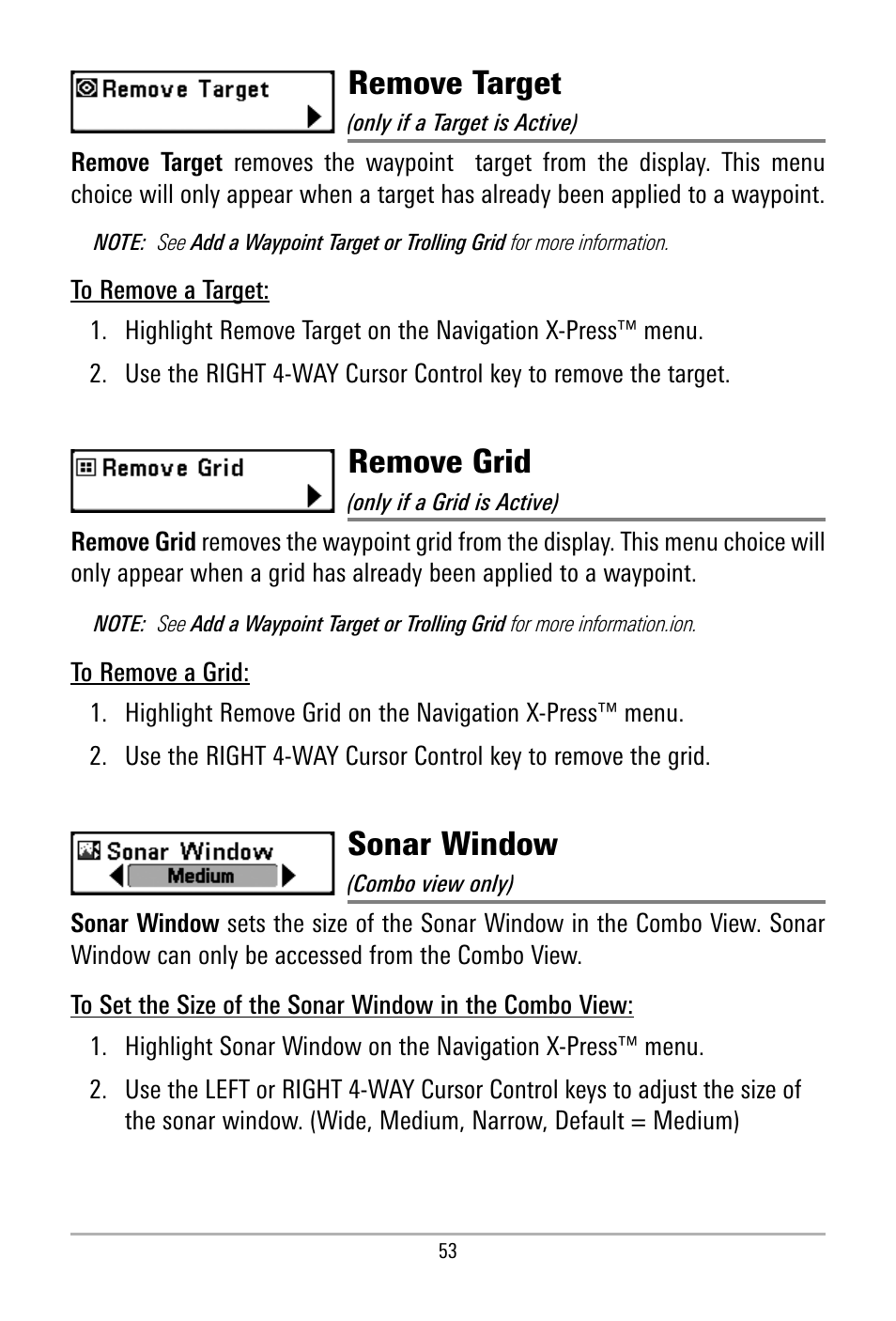 Remove target, Remove grid, Sonar window | Humminbird 500 SERIES 580 User Manual | Page 60 / 134