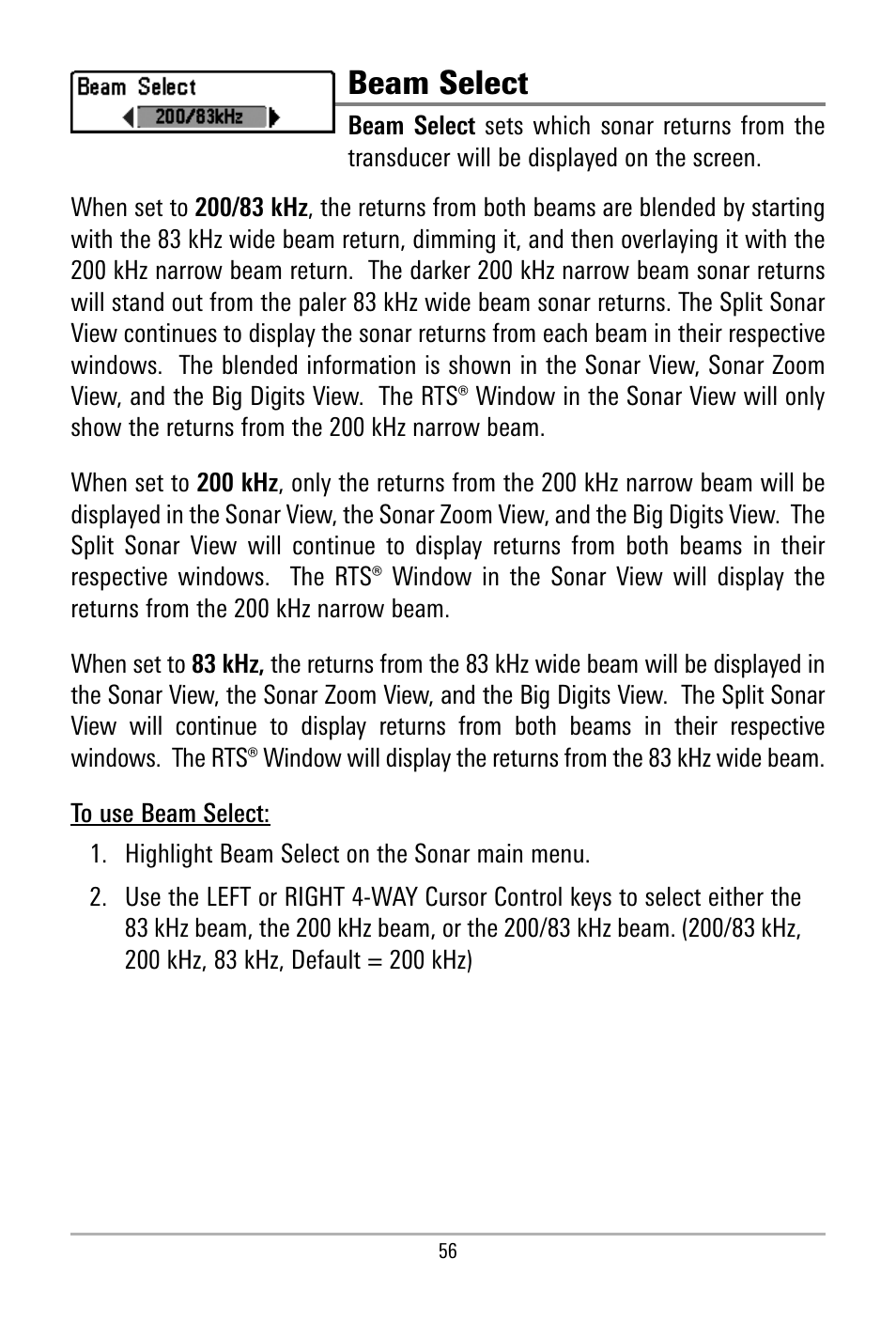 Beam select | Humminbird 500 SERIES 580 User Manual | Page 63 / 134