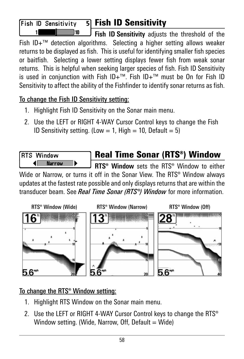 Fish id sensitivity, Real time sonar (rts®) window | Humminbird 500 SERIES 580 User Manual | Page 65 / 134