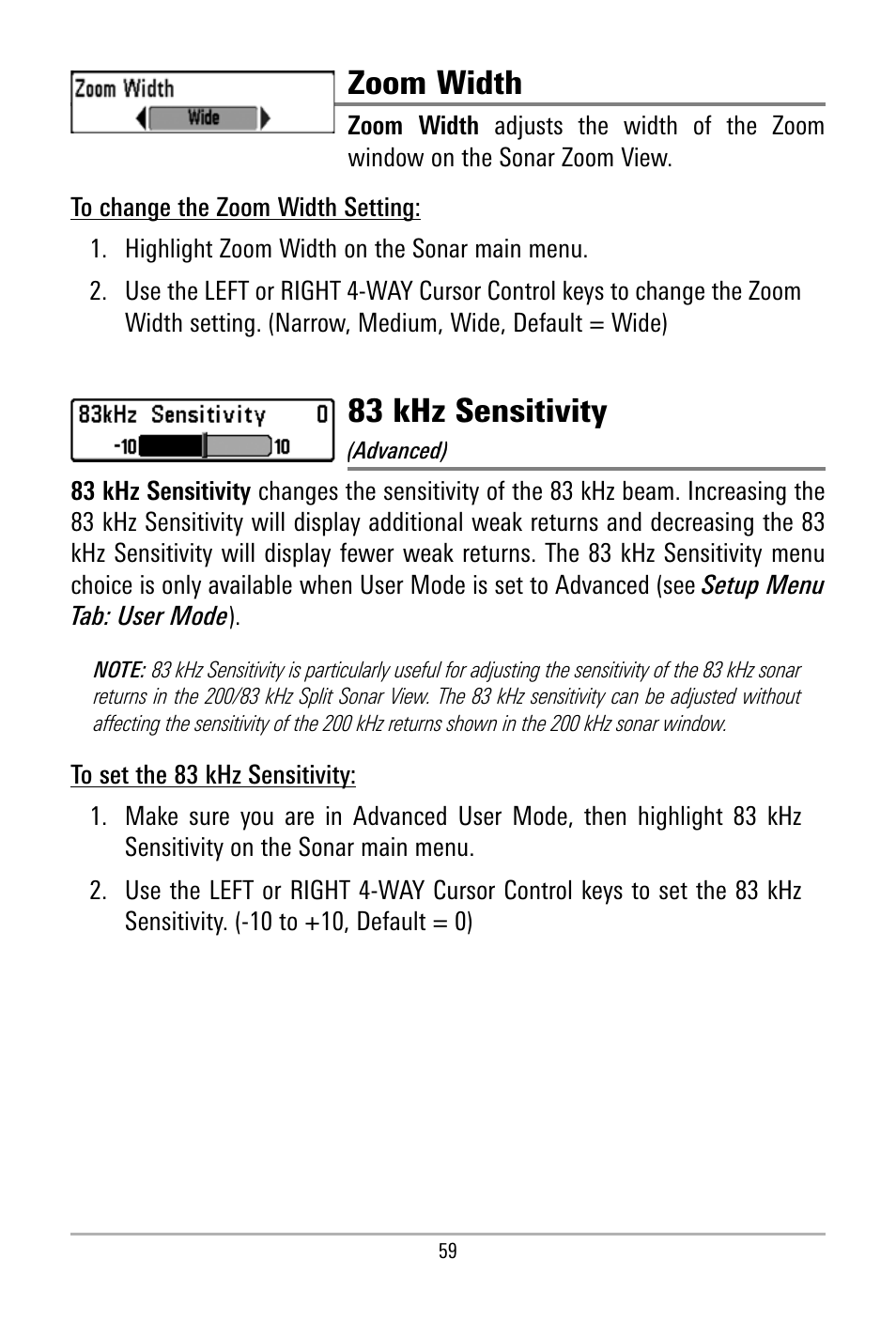 Zoom width, 83 khz sensitivity | Humminbird 500 SERIES 580 User Manual | Page 66 / 134