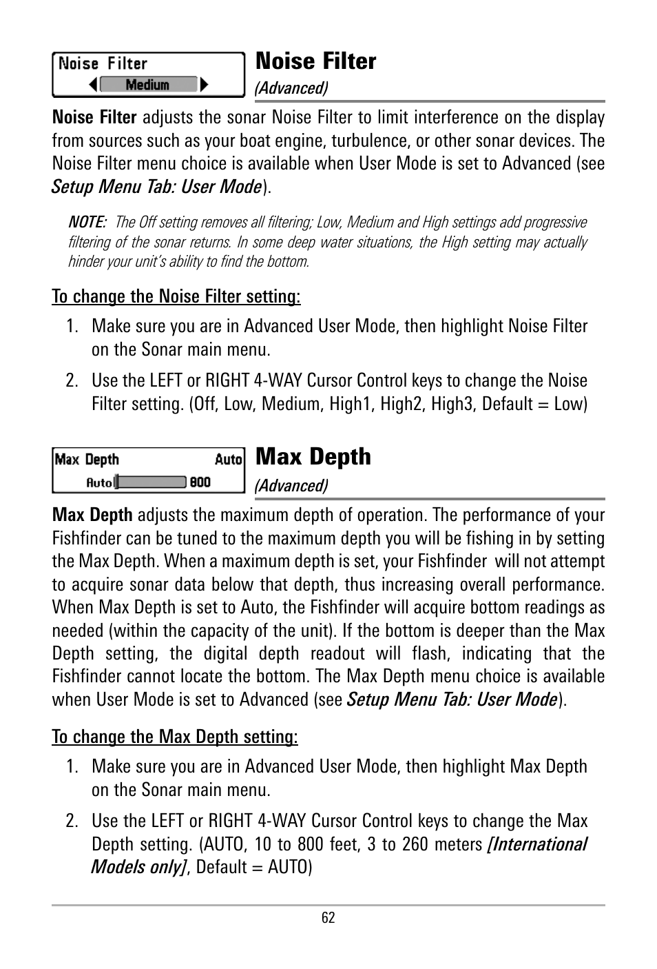 Noise filter, Max depth | Humminbird 500 SERIES 580 User Manual | Page 69 / 134