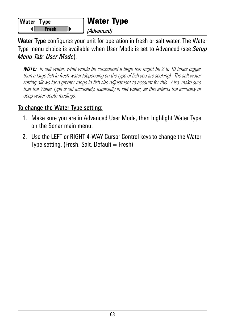 Water type | Humminbird 500 SERIES 580 User Manual | Page 70 / 134