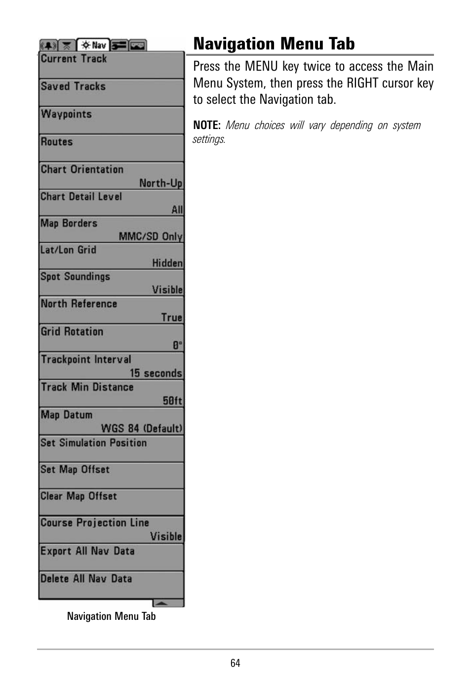 Navigation menu tab | Humminbird 500 SERIES 580 User Manual | Page 71 / 134