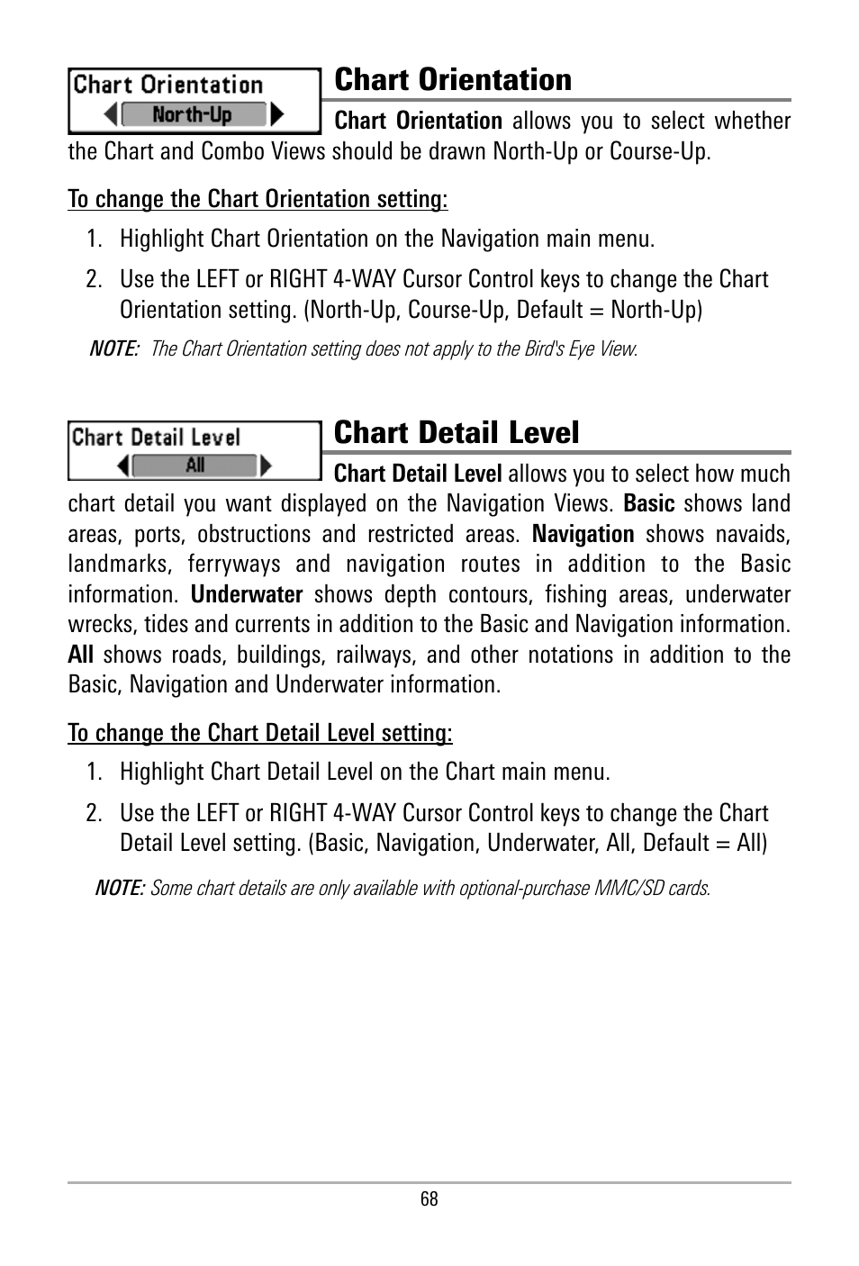 Chart orientation, Chart detail level | Humminbird 500 SERIES 580 User Manual | Page 75 / 134