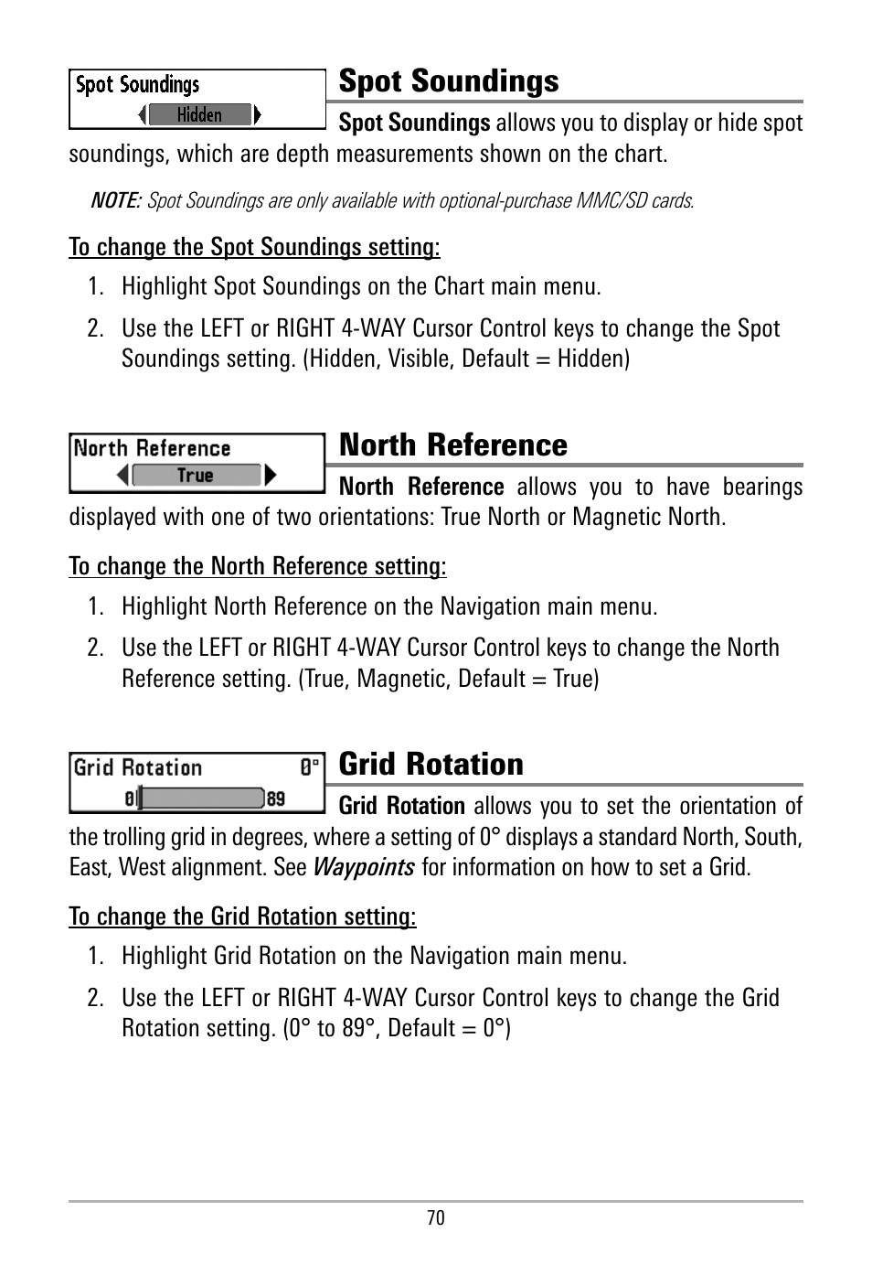 Spot soundings, North reference, Grid rotation | Humminbird 500 SERIES 580 User Manual | Page 77 / 134