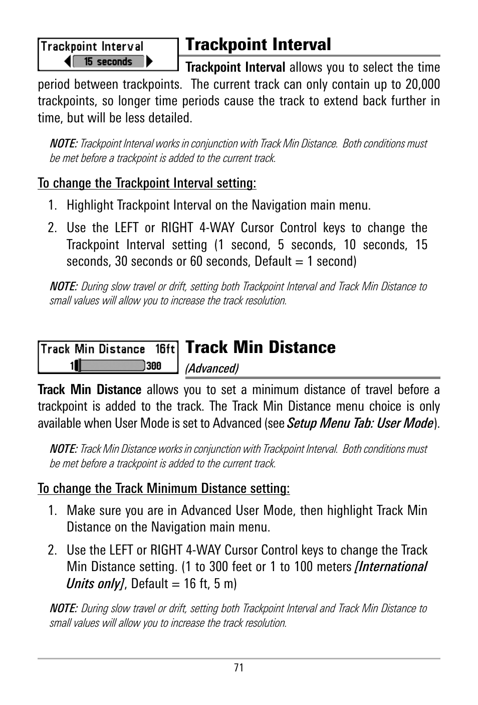 Trackpoint interval, Track min distance | Humminbird 500 SERIES 580 User Manual | Page 78 / 134