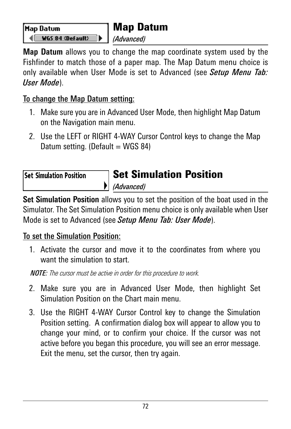 Map datum, Set simulation position | Humminbird 500 SERIES 580 User Manual | Page 79 / 134