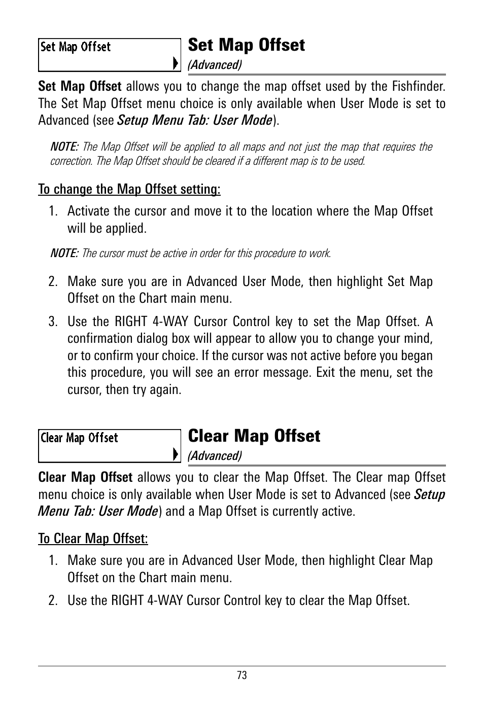 Set map offset, Clear map offset | Humminbird 500 SERIES 580 User Manual | Page 80 / 134