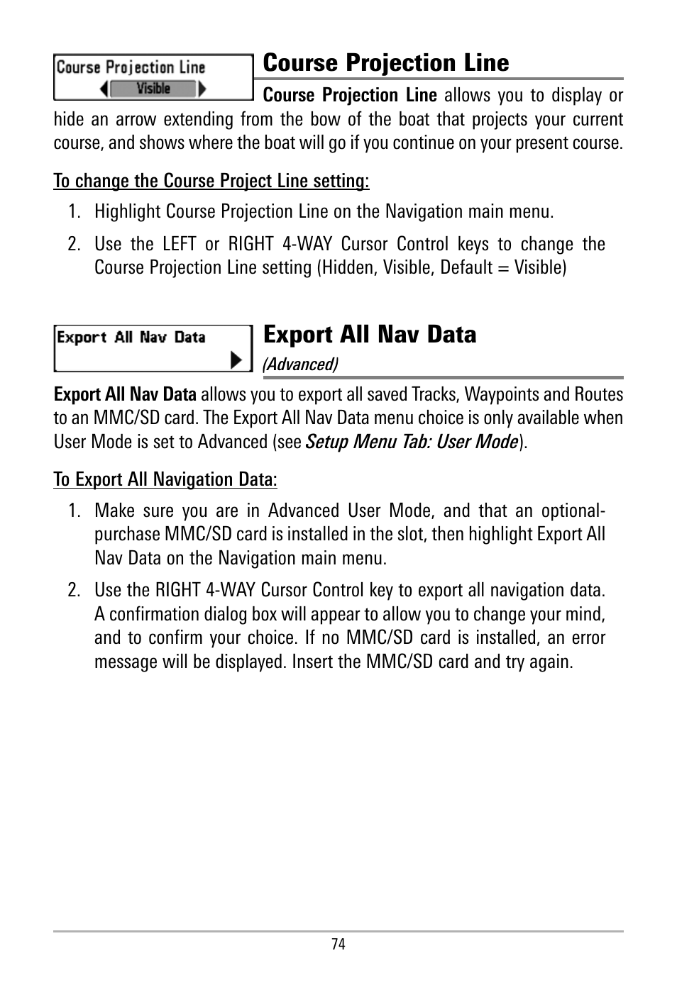 Course projection line, Export all nav data | Humminbird 500 SERIES 580 User Manual | Page 81 / 134