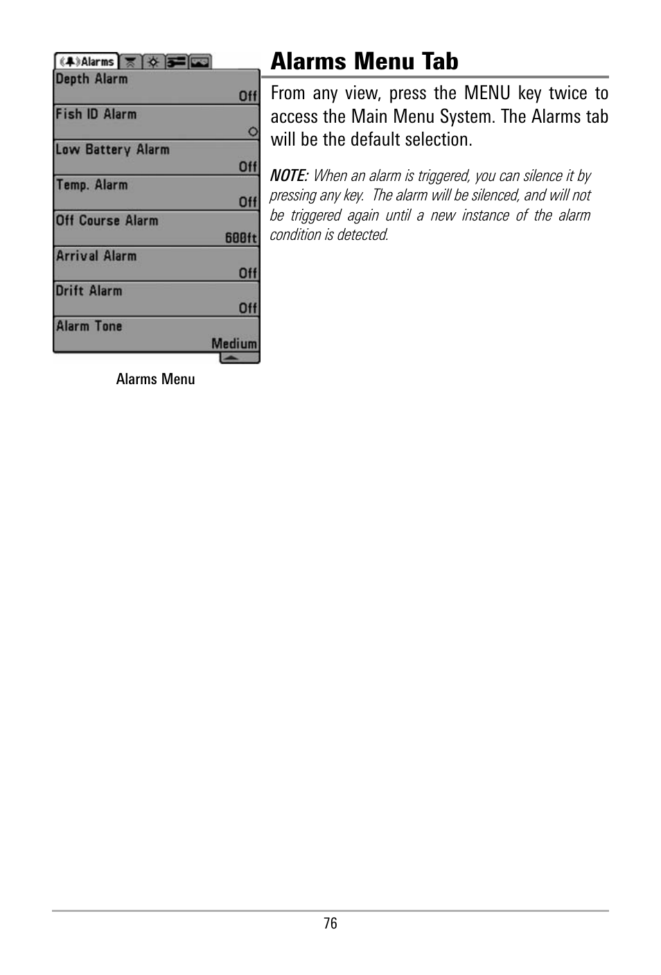 Alarms menu tab | Humminbird 500 SERIES 580 User Manual | Page 83 / 134