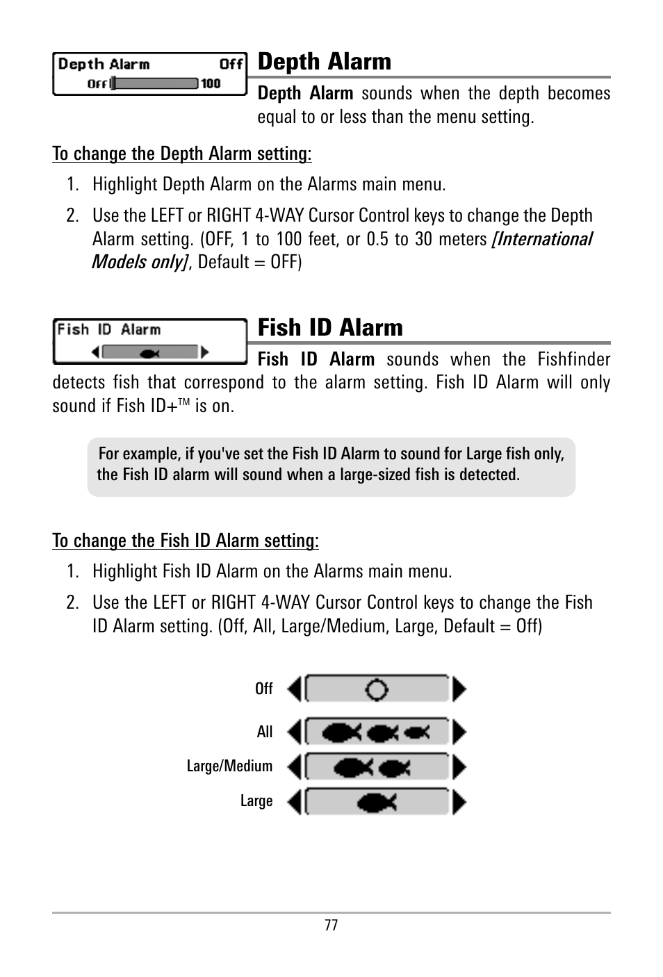 Depth alarm, Fish id alarm | Humminbird 500 SERIES 580 User Manual | Page 84 / 134