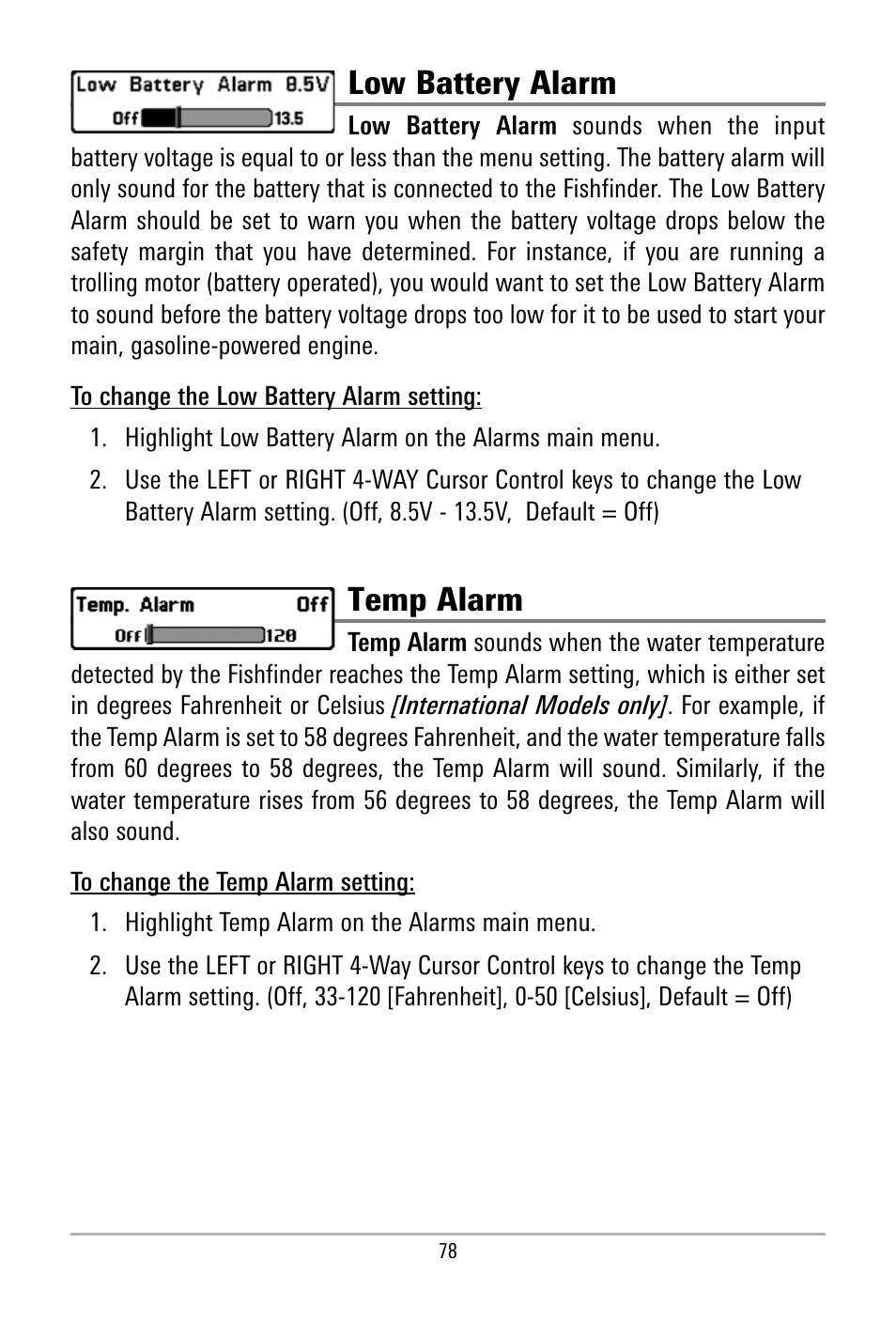 Low battery alarm, Temp alarm | Humminbird 500 SERIES 580 User Manual | Page 85 / 134