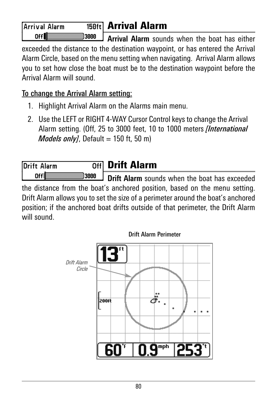 Arrival alarm, Drift alarm | Humminbird 500 SERIES 580 User Manual | Page 87 / 134