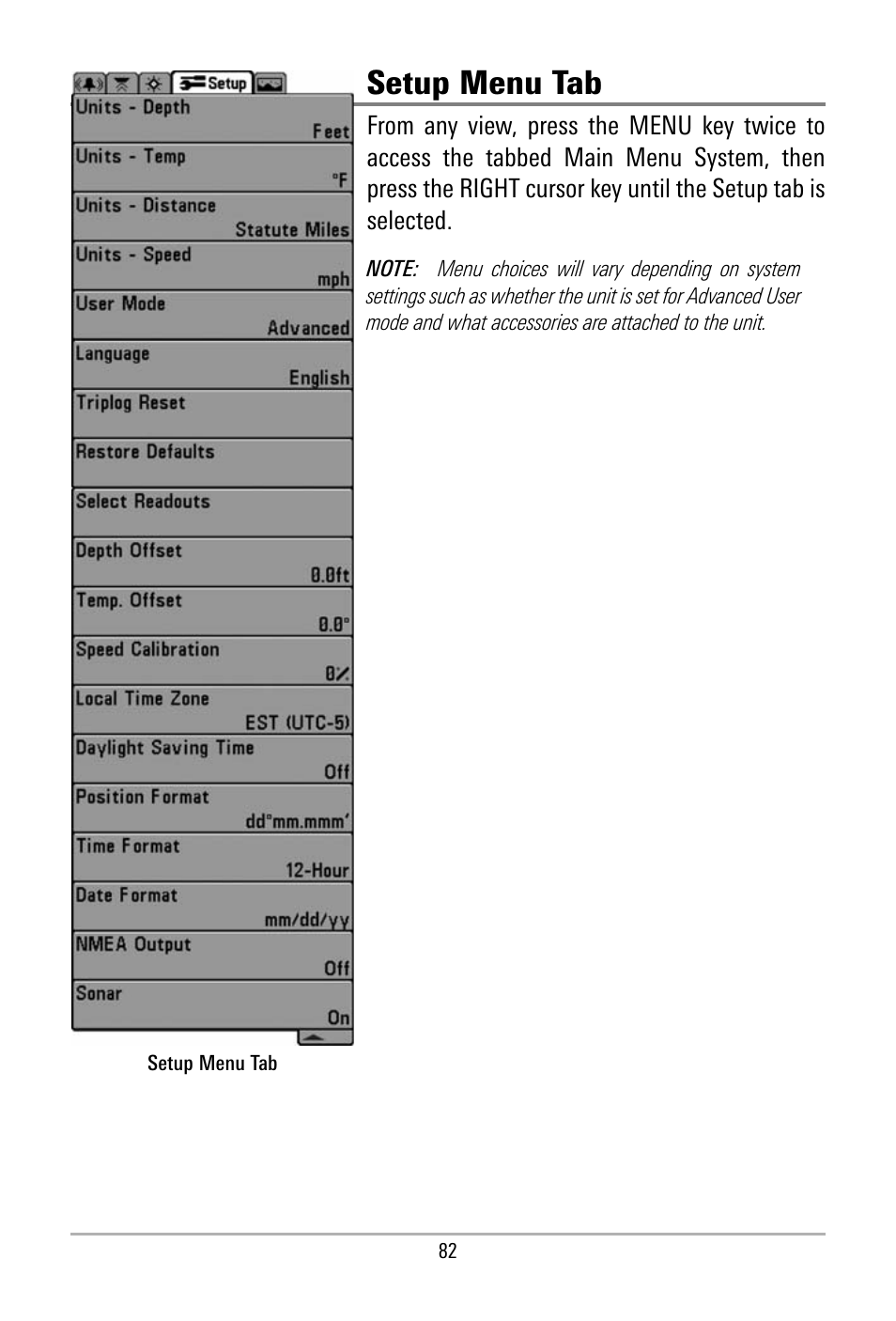 Setup menu tab | Humminbird 500 SERIES 580 User Manual | Page 89 / 134