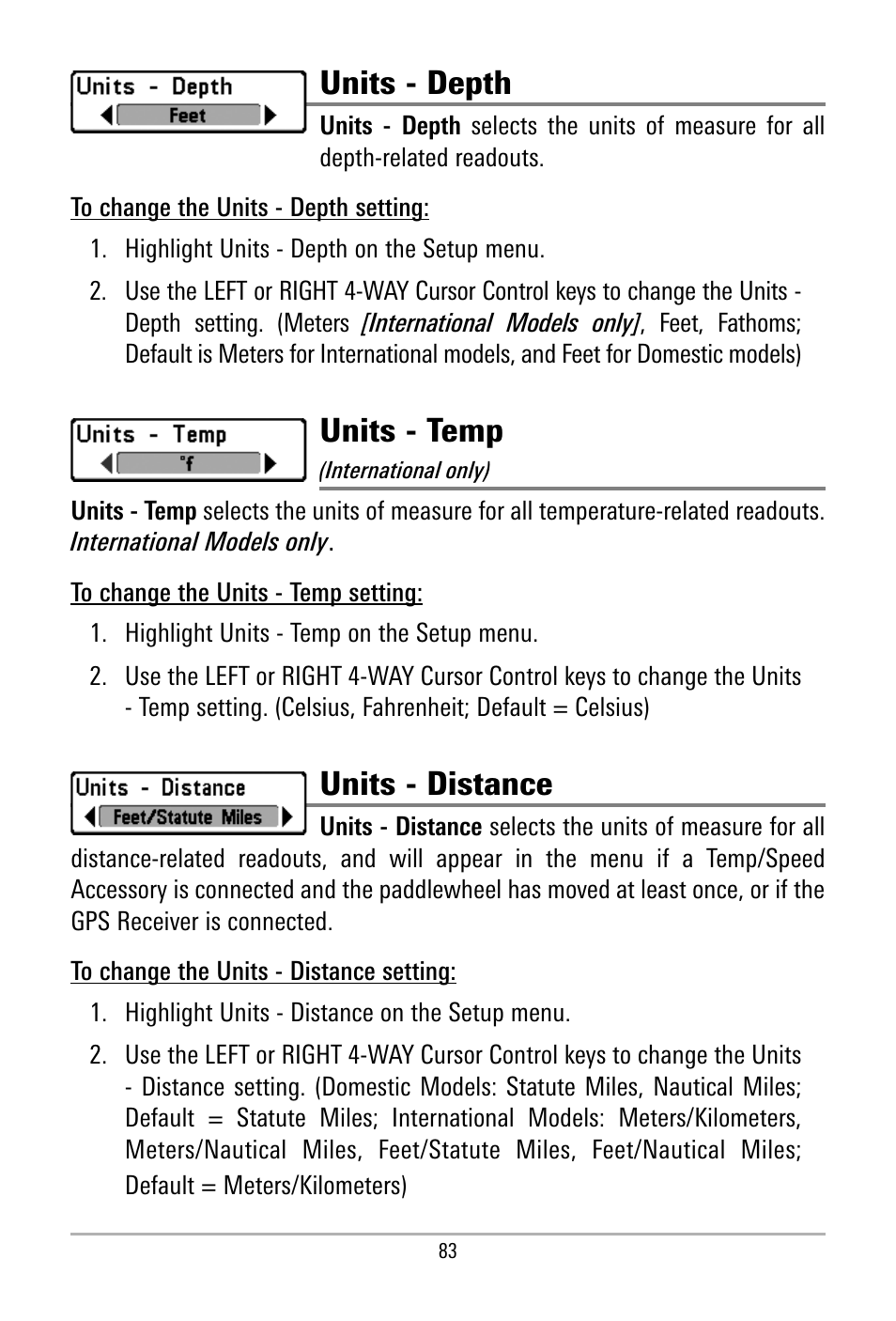 Units - depth, Units - temp, Units - distance | Humminbird 500 SERIES 580 User Manual | Page 90 / 134