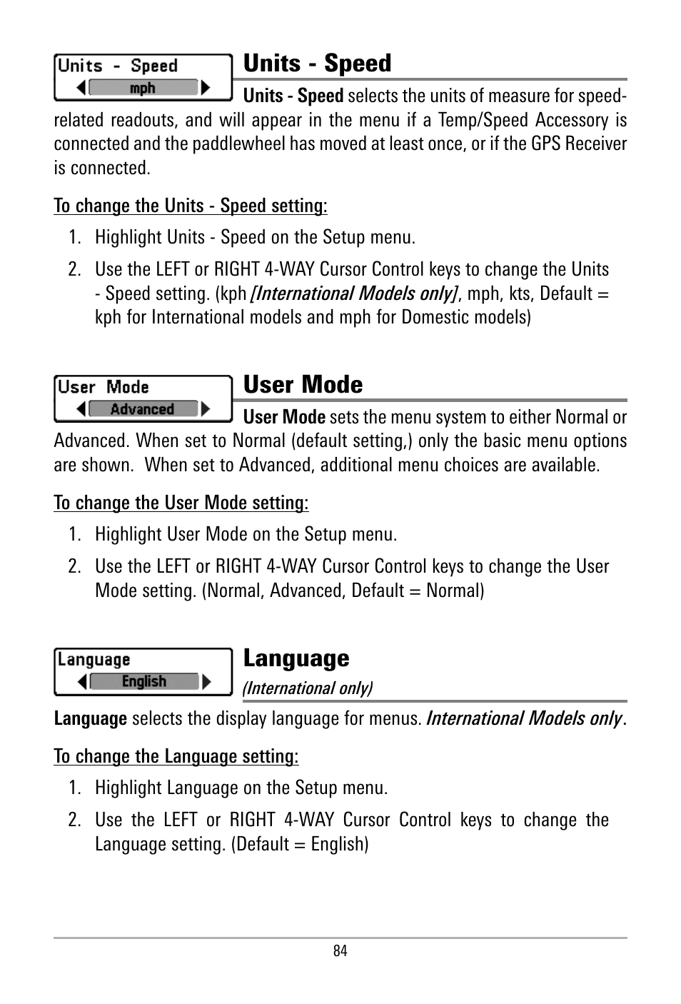 Units - speed, User mode, Language | Humminbird 500 SERIES 580 User Manual | Page 91 / 134