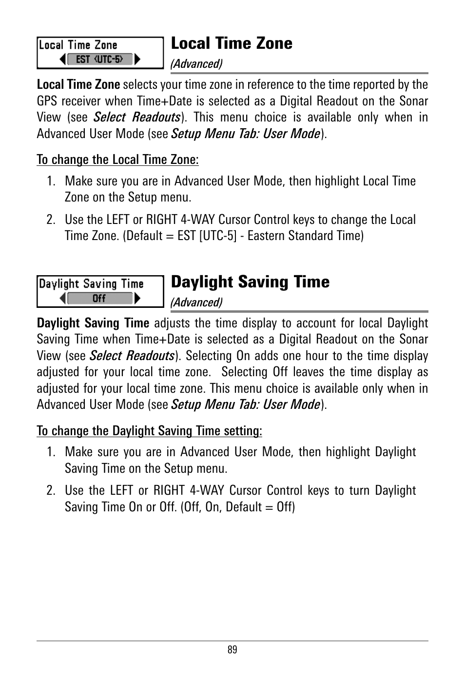 Local time zone, Daylight saving time | Humminbird 500 SERIES 580 User Manual | Page 96 / 134