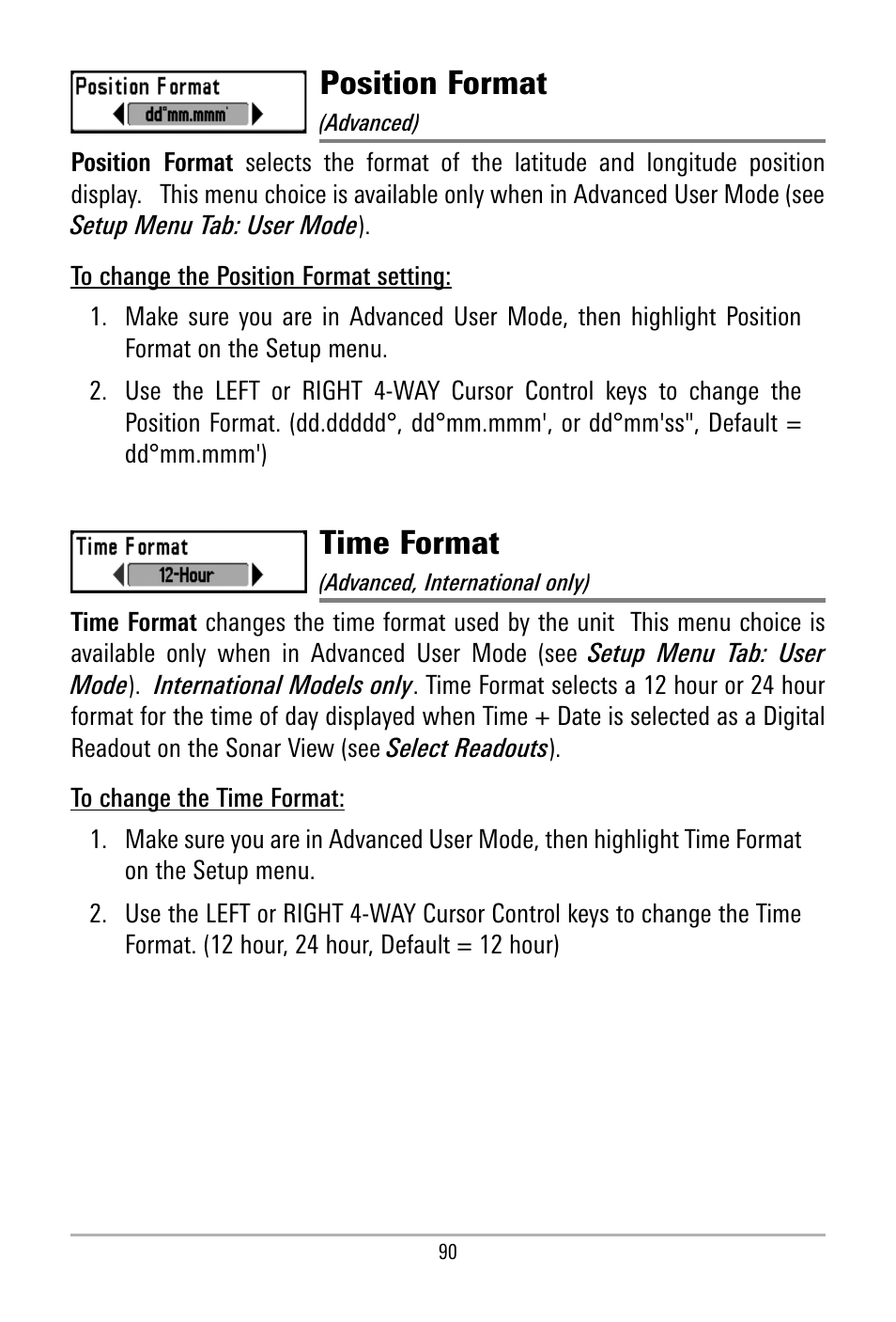 Position format, Time format | Humminbird 500 SERIES 580 User Manual | Page 97 / 134