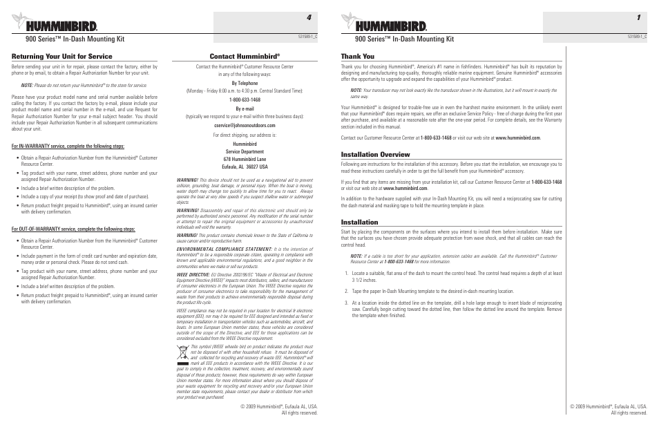 Humminbird 900 User Manual | 2 pages