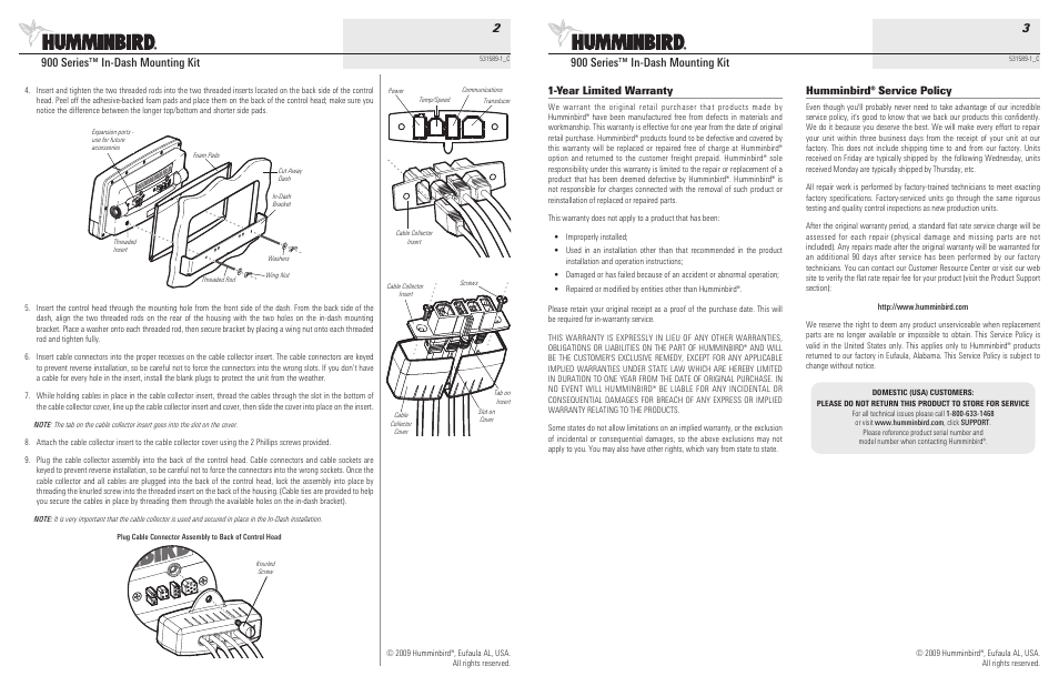 900 series™ in-dash mounting kit 3, 900 series™ in-dash mounting kit 2, Year limited warranty | Humminbird® service policy | Humminbird 900 User Manual | Page 2 / 2