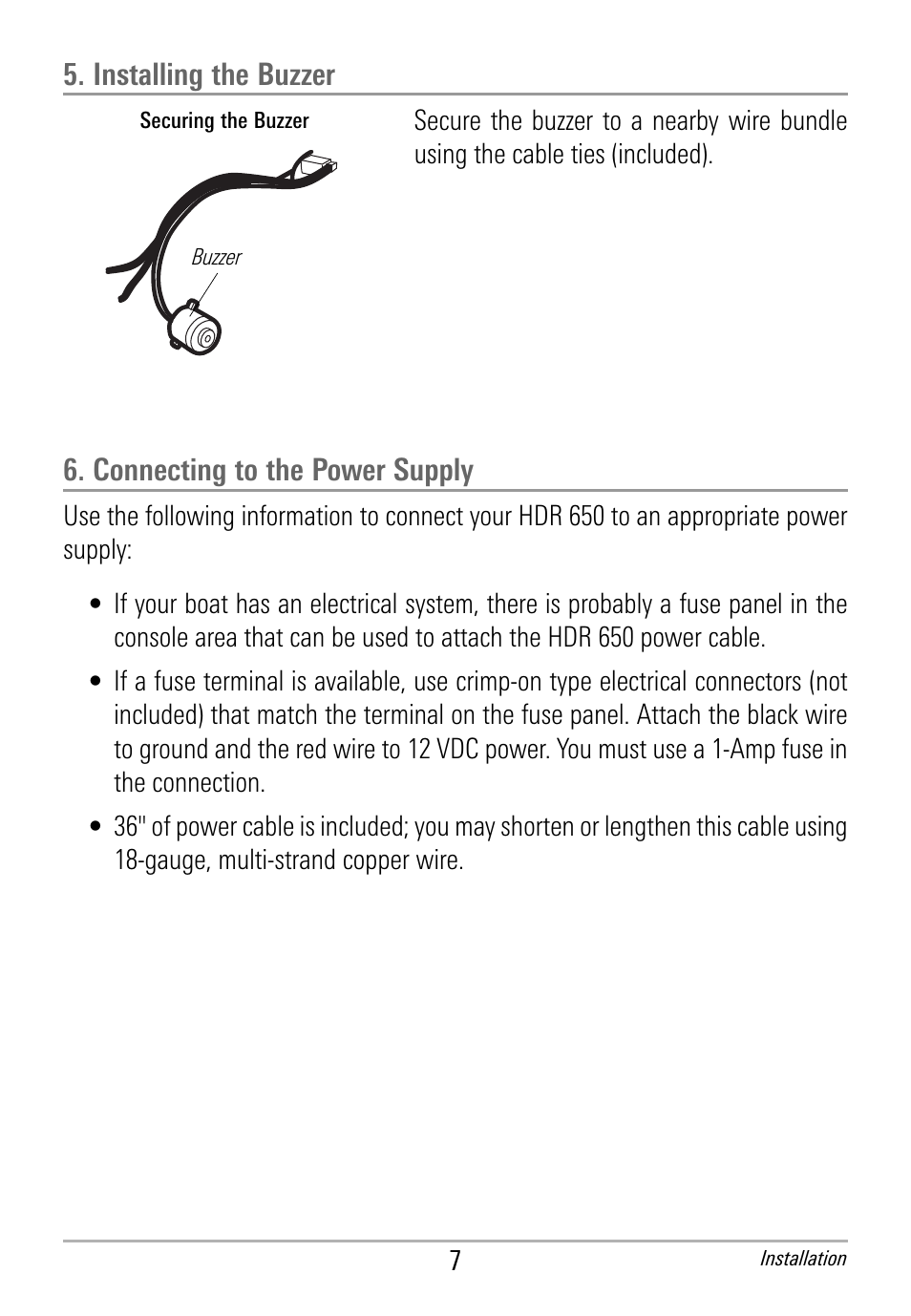 Installing the buzzer, Connecting to the power supply | Humminbird HDR 650 User Manual | Page 11 / 48