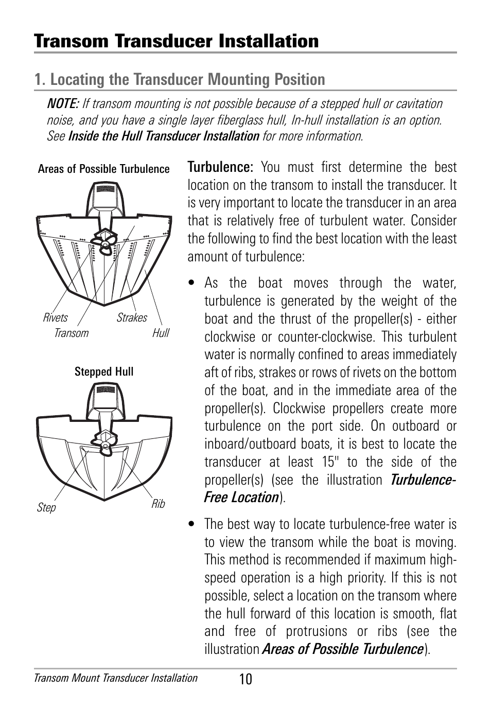 Transom transducer installation, Locating the transducer mounting position | Humminbird HDR 650 User Manual | Page 14 / 48
