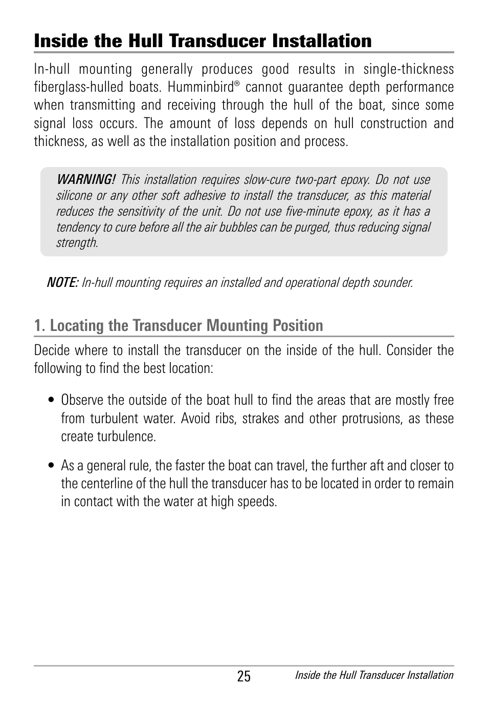 Inside the hull transducer installation | Humminbird HDR 650 User Manual | Page 29 / 48