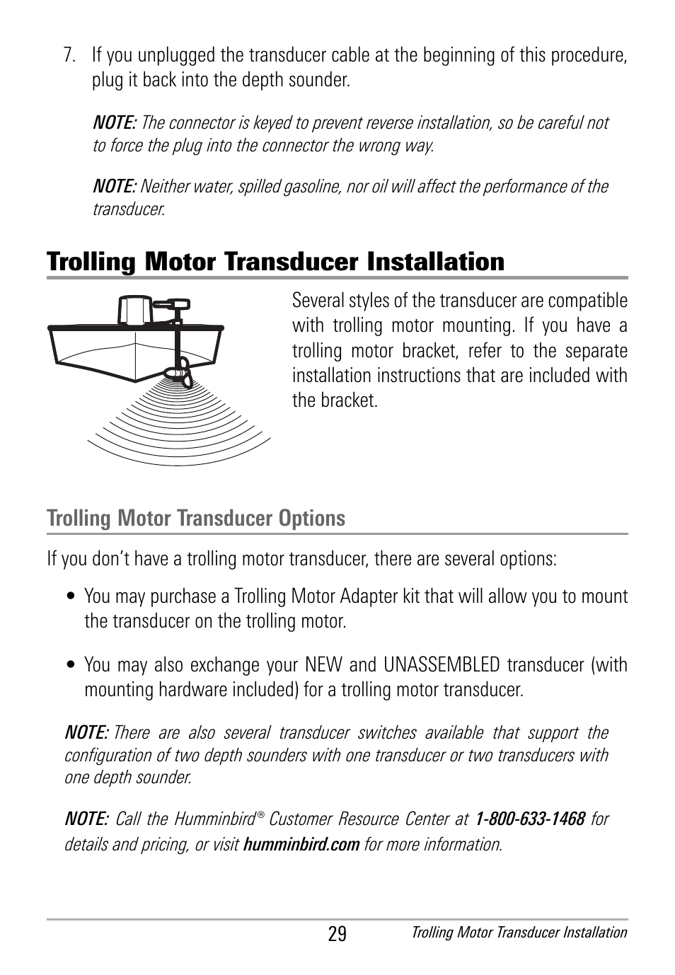 Trolling motor transducer installation, Trolling motor transducer options | Humminbird HDR 650 User Manual | Page 33 / 48