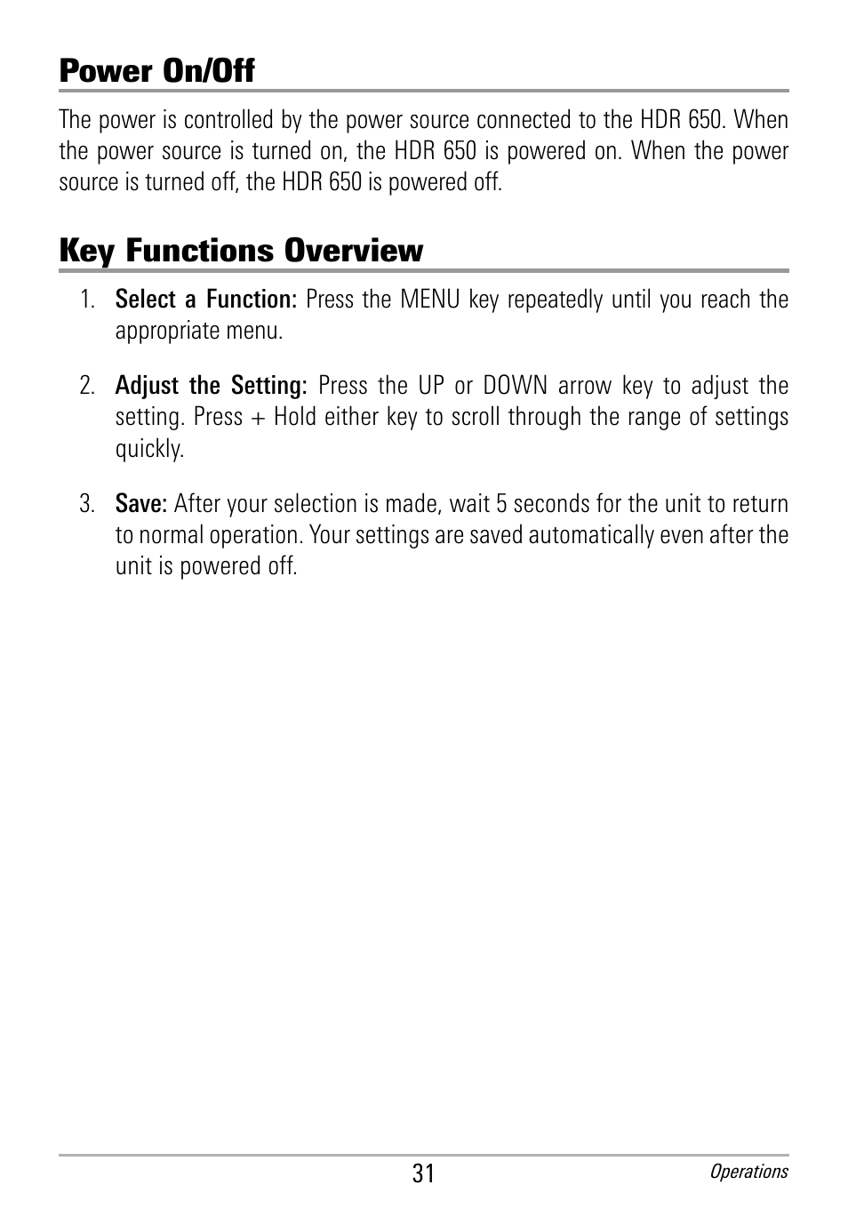 Power on/off, Key functions overview | Humminbird HDR 650 User Manual | Page 35 / 48