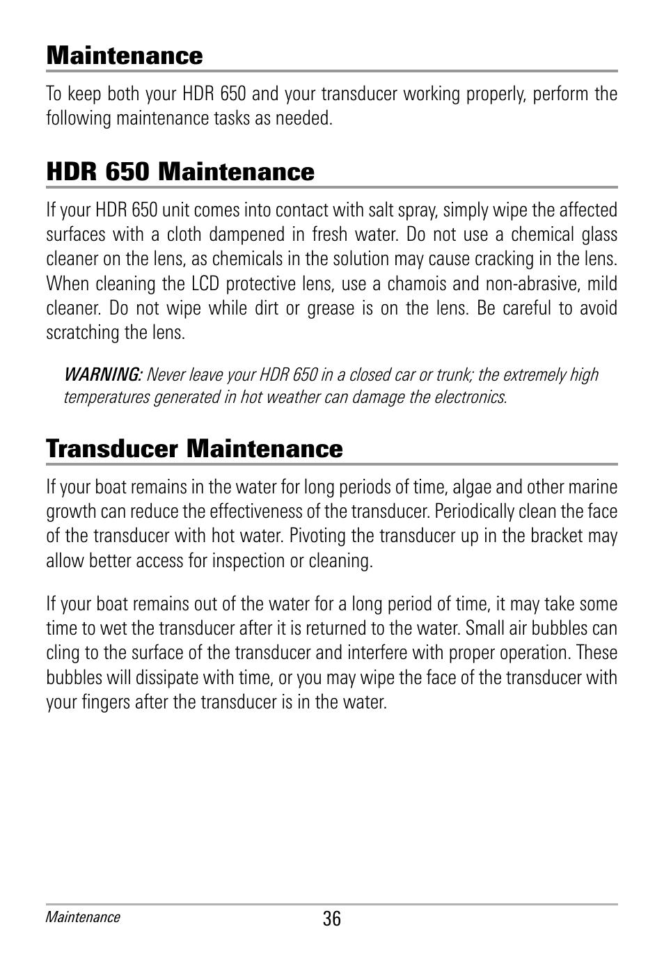 Maintenance, Hdr 650 maintenance, Transducer maintenance | Humminbird HDR 650 User Manual | Page 40 / 48
