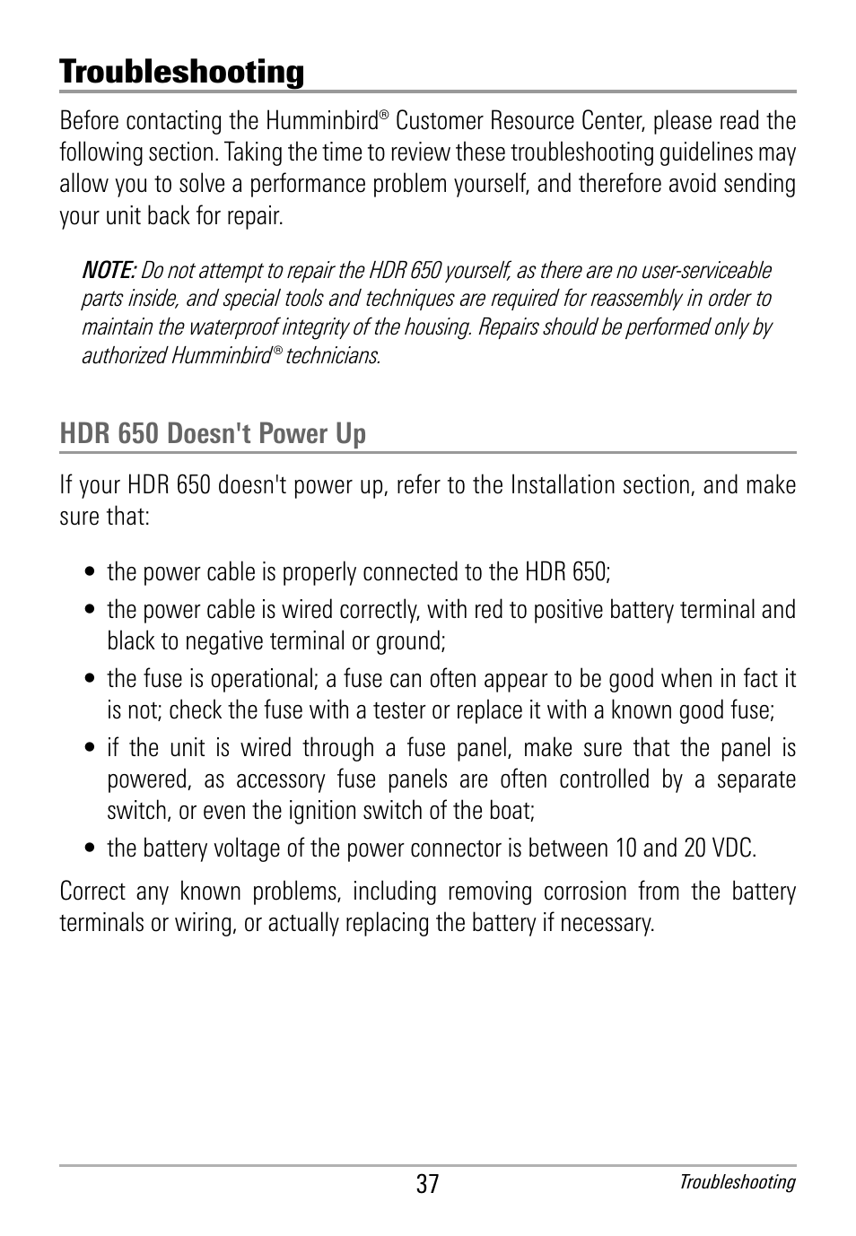 Troubleshooting | Humminbird HDR 650 User Manual | Page 41 / 48