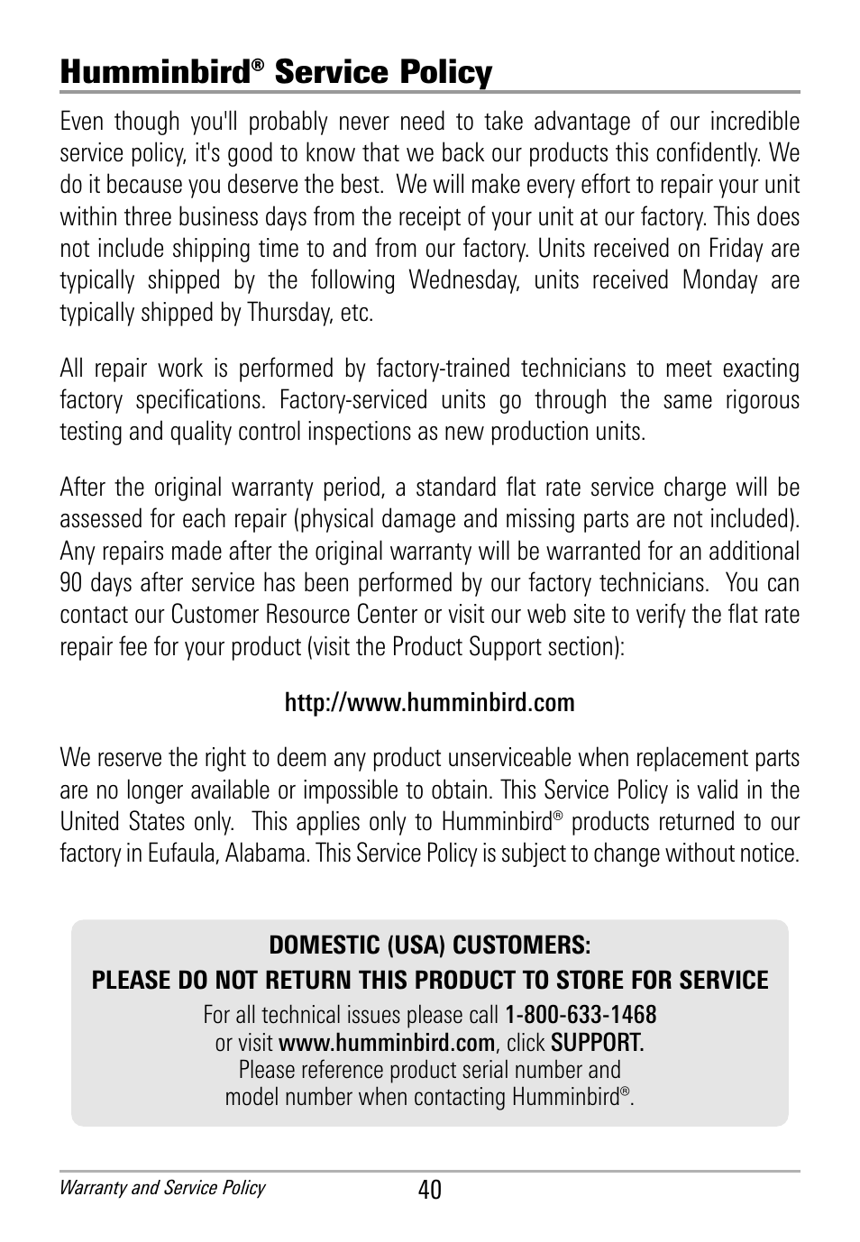 Humminbird® service policy | Humminbird HDR 650 User Manual | Page 44 / 48