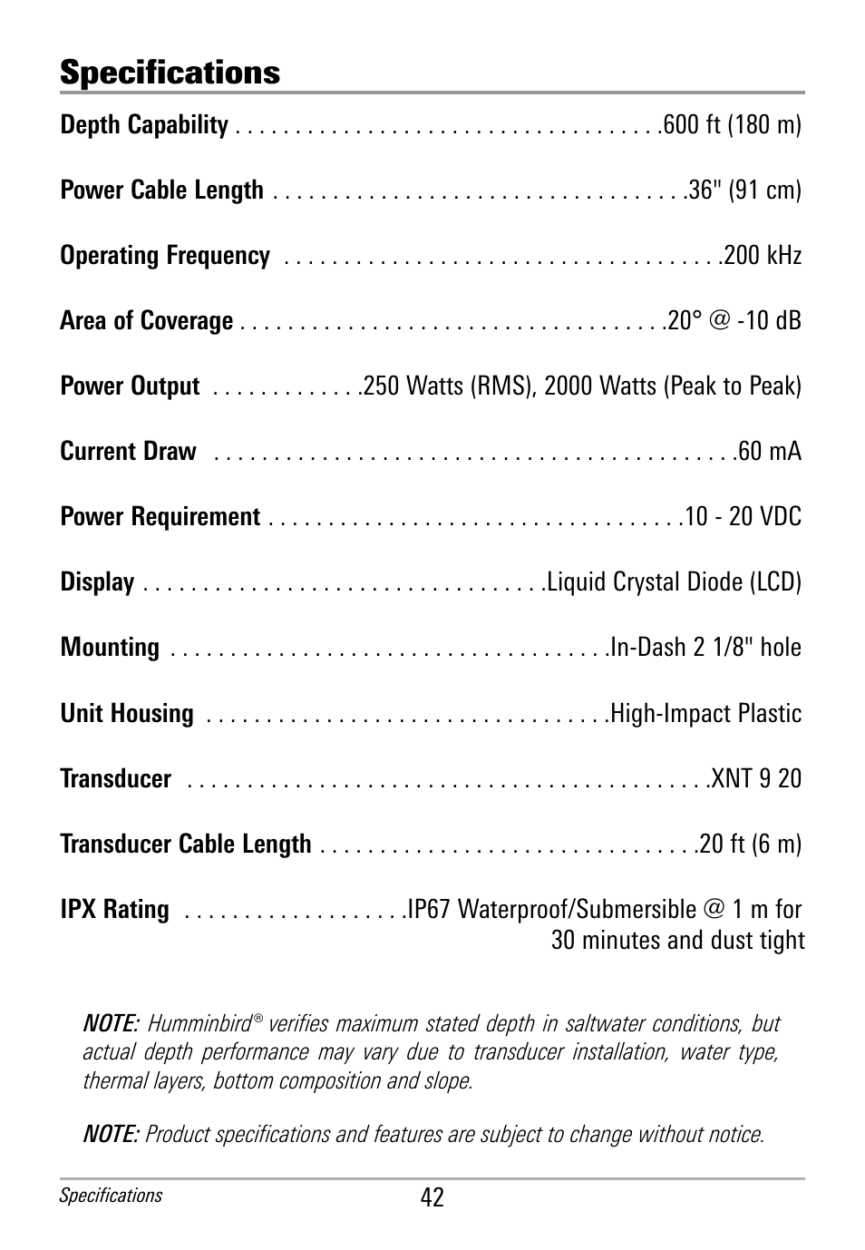 Specifications | Humminbird HDR 650 User Manual | Page 46 / 48