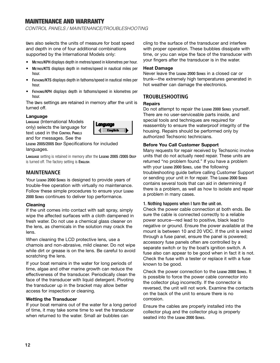 Language, Maintenance and warranty, Maintenance | Troubleshooting | Humminbird Legend 2000 User Manual | Page 14 / 18