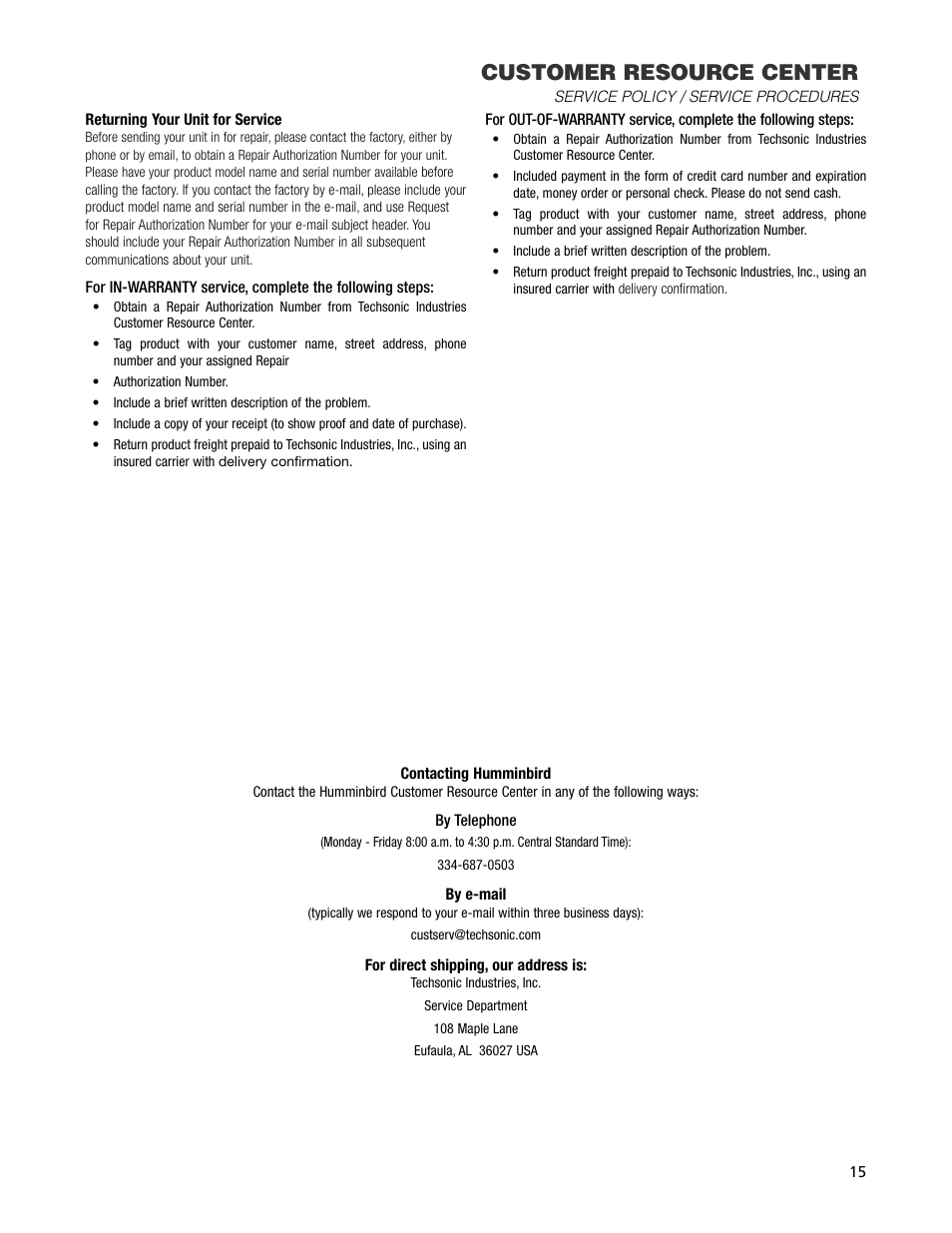 Customer support, Customer resource center | Humminbird Legend 2000 User Manual | Page 17 / 18