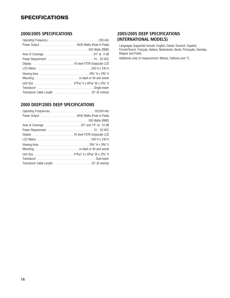 Specifications | Humminbird Legend 2000 User Manual | Page 18 / 18