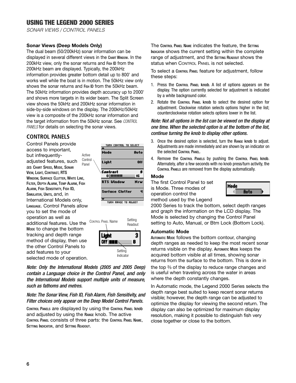 Mode, Using the legend 2000 series, Control panels | Humminbird Legend 2000 User Manual | Page 8 / 18