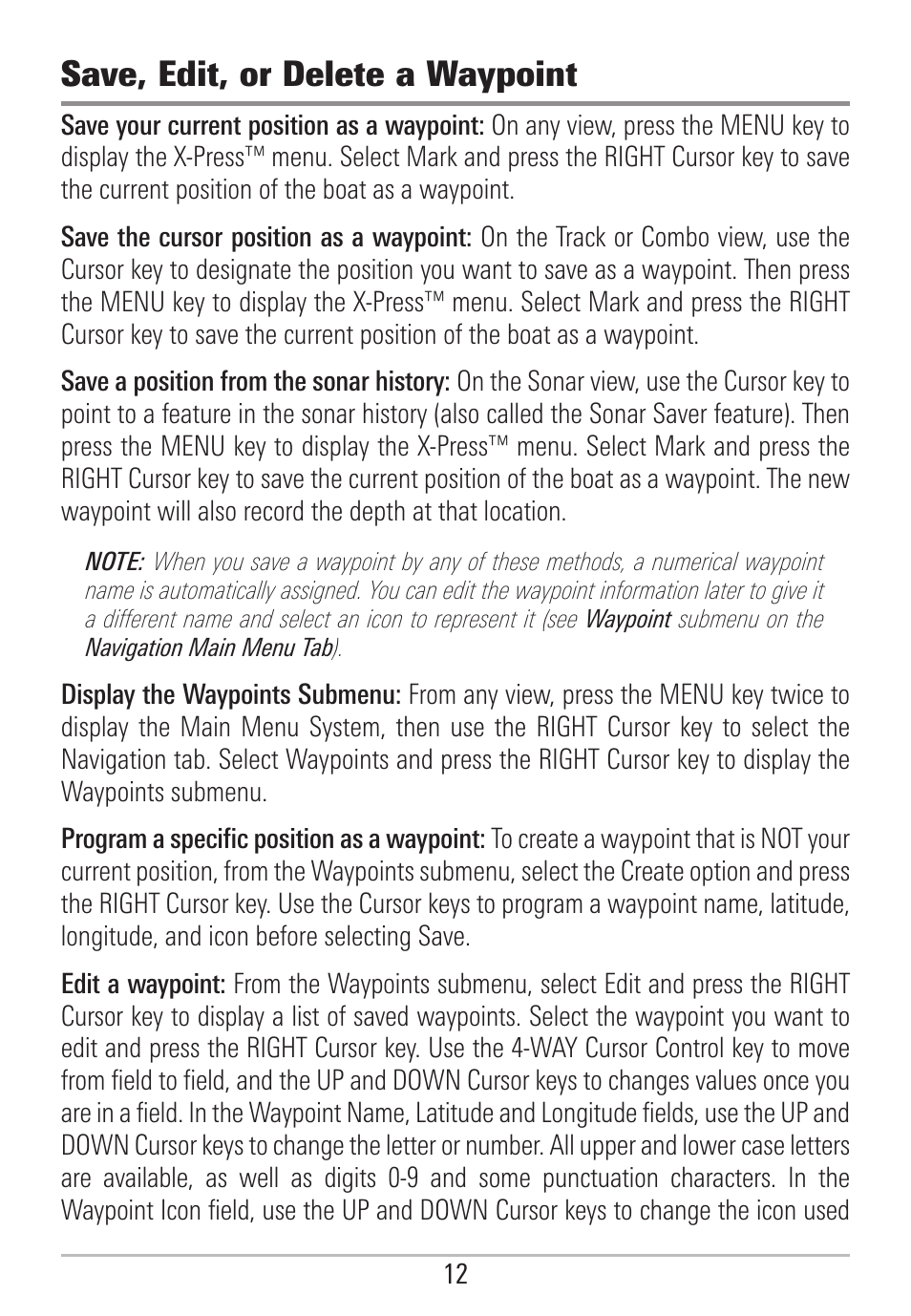 Save, edit, or delete a waypoint | Humminbird 531478-2_B User Manual | Page 18 / 66