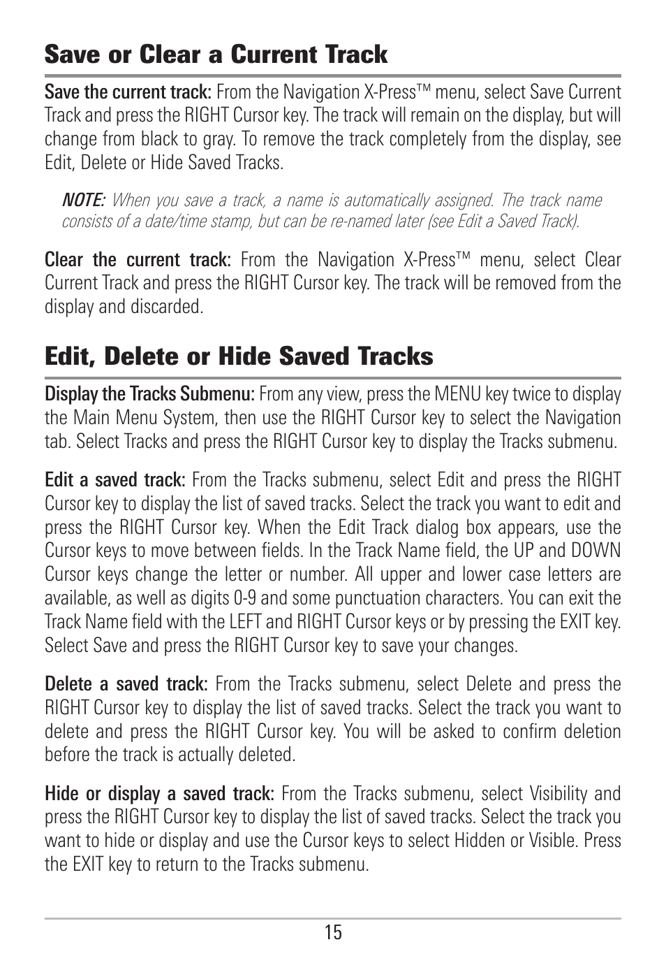 Save or clear a current track, Edit, delete or hide saved tracks | Humminbird 531478-2_B User Manual | Page 21 / 66