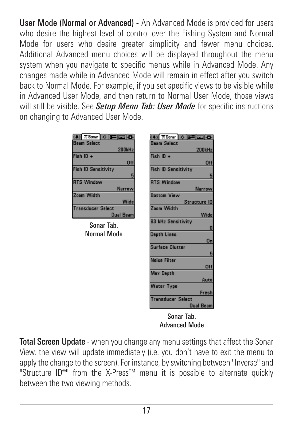 User mode (normal or advanced) | Humminbird 531478-2_B User Manual | Page 23 / 66