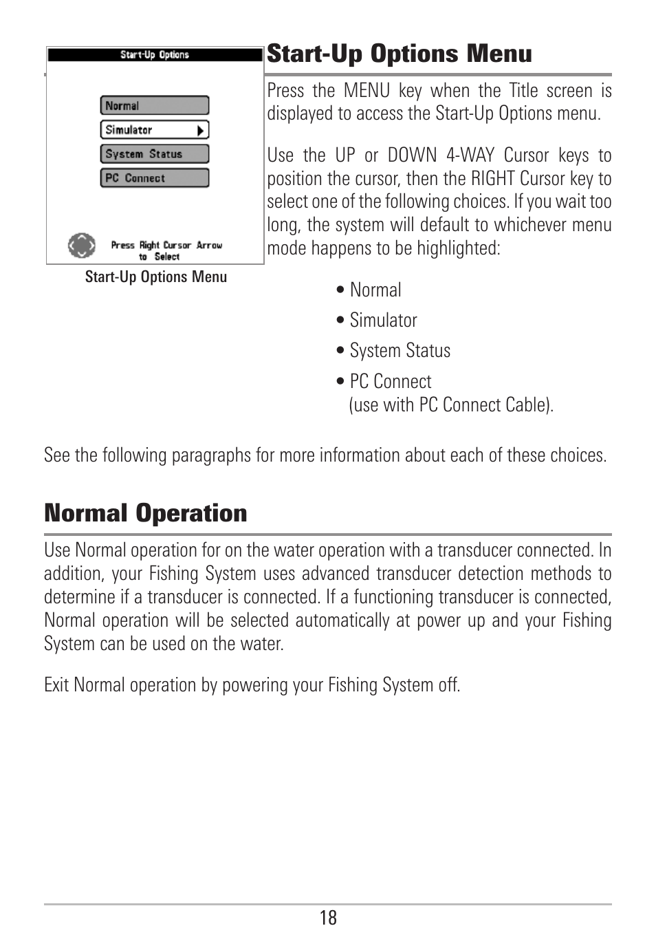 Start-up options menu, Normal operation | Humminbird 531478-2_B User Manual | Page 24 / 66