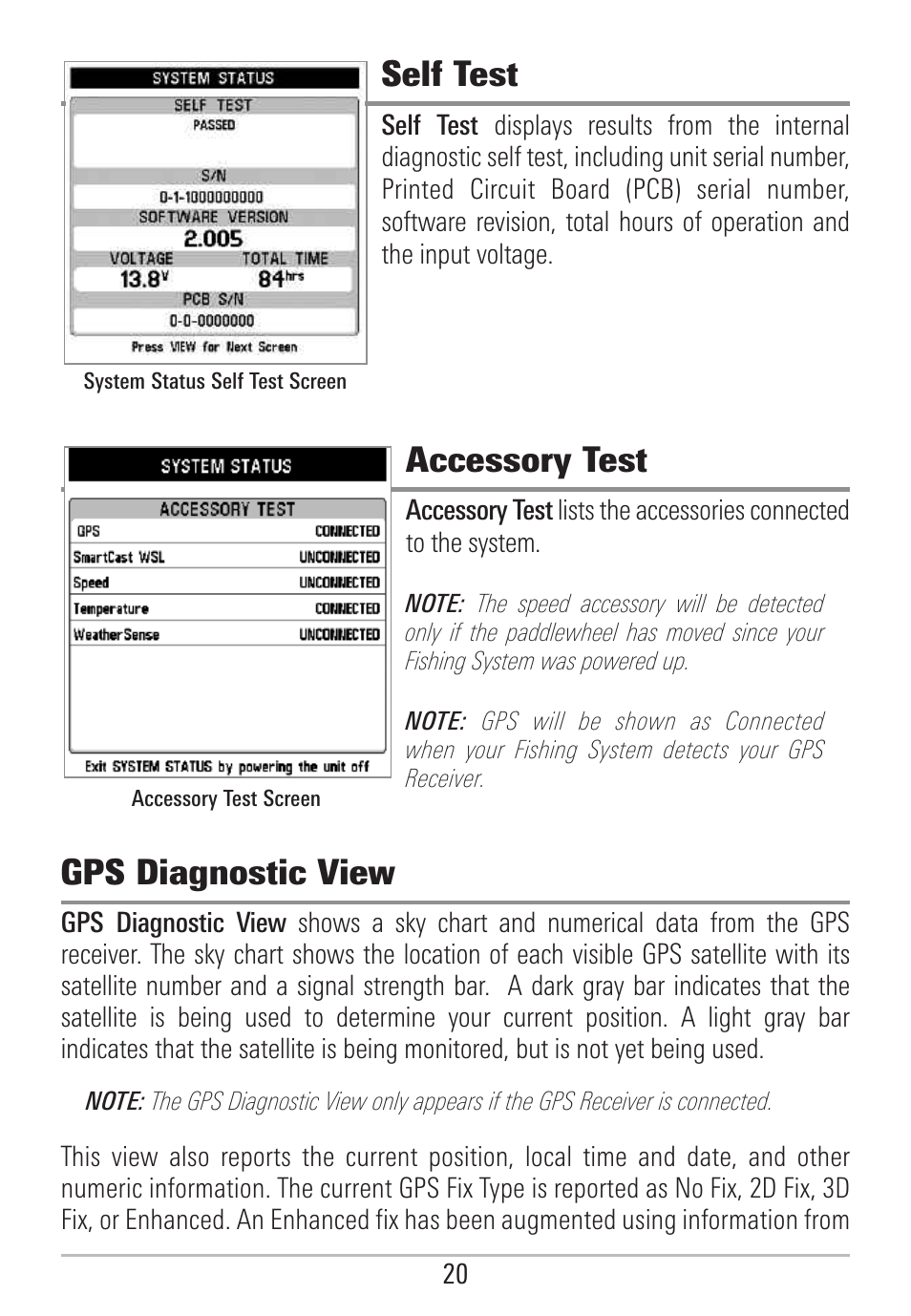 Self test, Accessory test, Gps diagnostic view | Humminbird 531478-2_B User Manual | Page 26 / 66