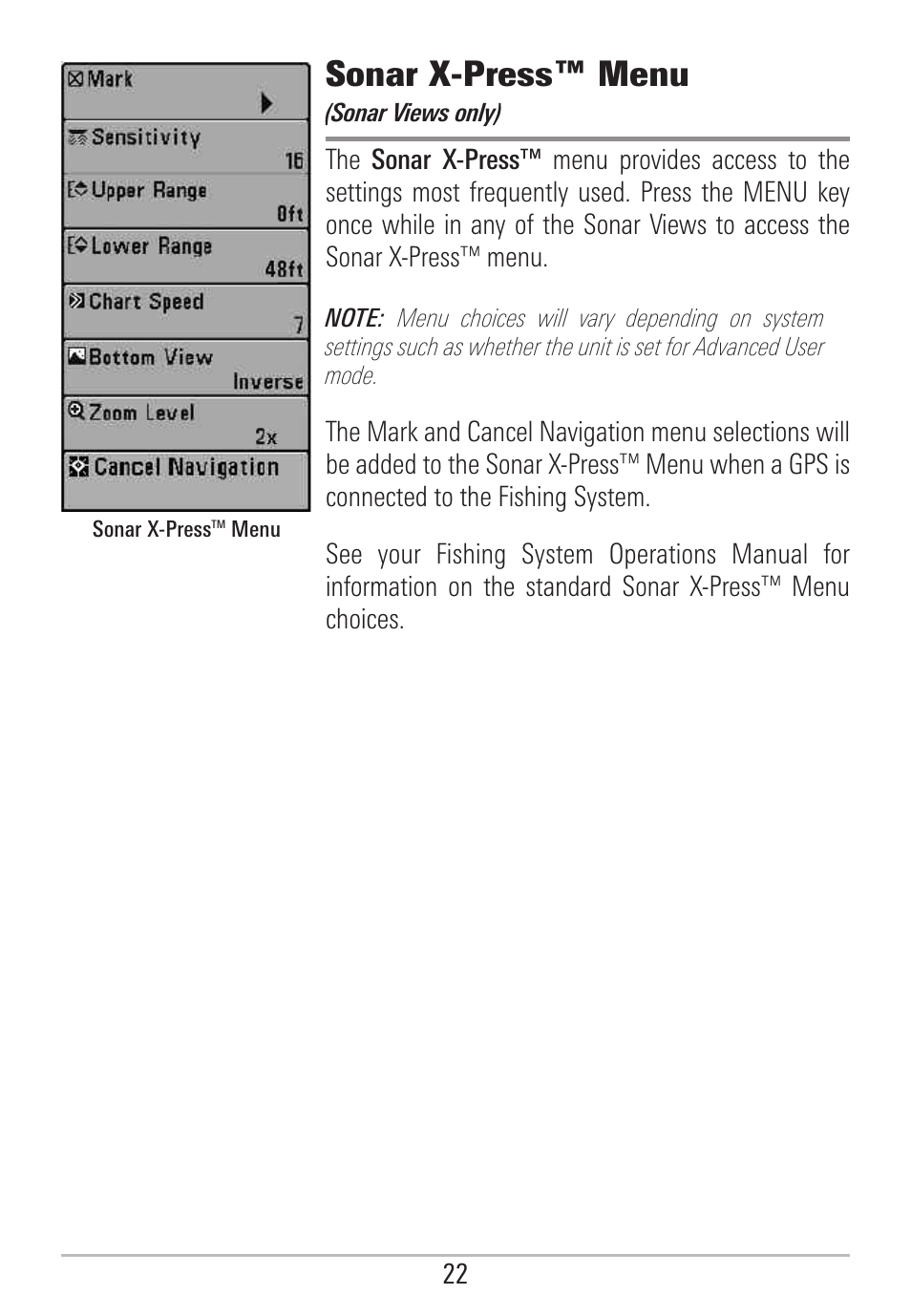 Sonar x-press™ menu | Humminbird 531478-2_B User Manual | Page 28 / 66