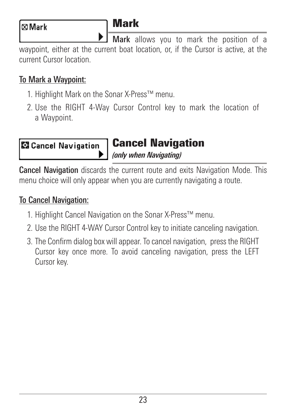 Mark, Cancel navigation | Humminbird 531478-2_B User Manual | Page 29 / 66