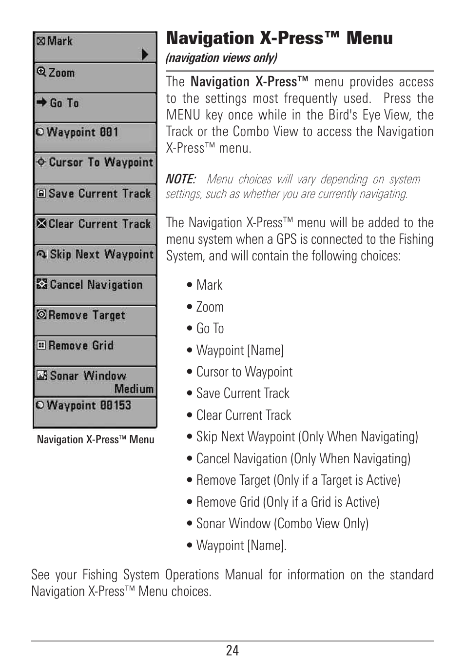 Navigation x-press™ menu | Humminbird 531478-2_B User Manual | Page 30 / 66